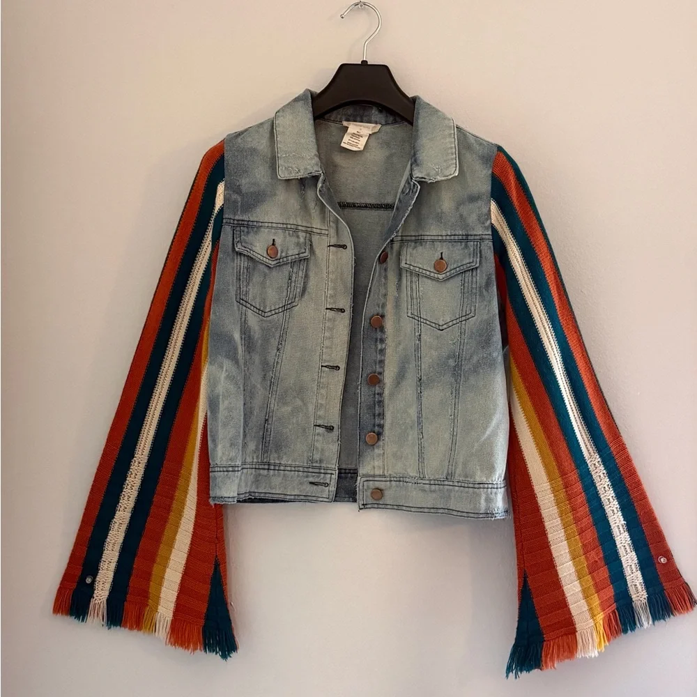 Altar'd State Boho Denim Jacket with Knitted Striped Fringe Sleeves - Picture 1 of 4